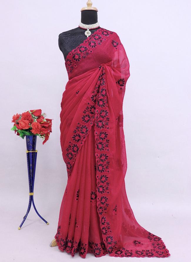 Chiffon Rose Pink Wedding Wear Embroidery Work Saree